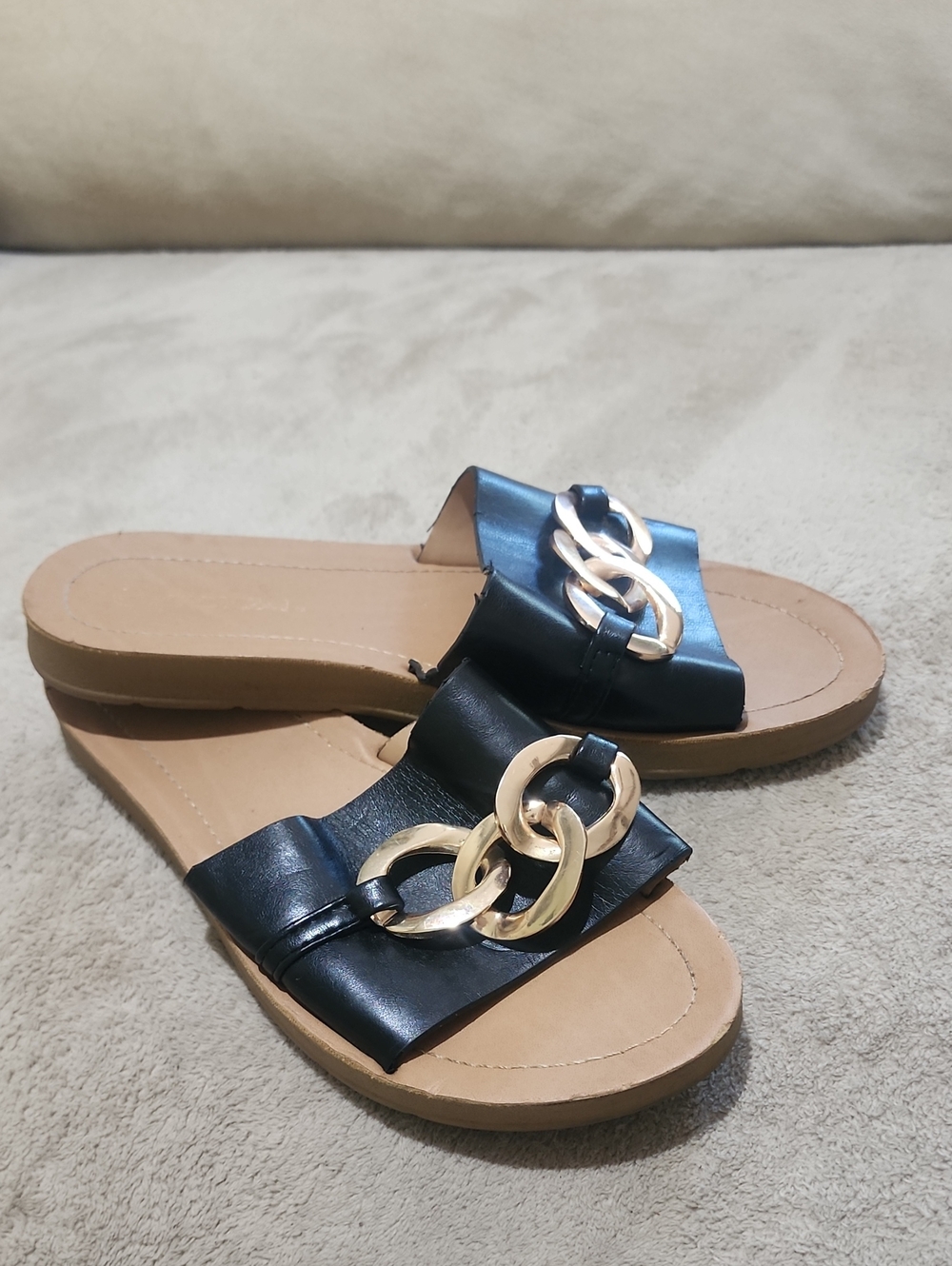 Soda Black Slide Sandals with Gold Chain Detail.No Size Tag See Pic For .